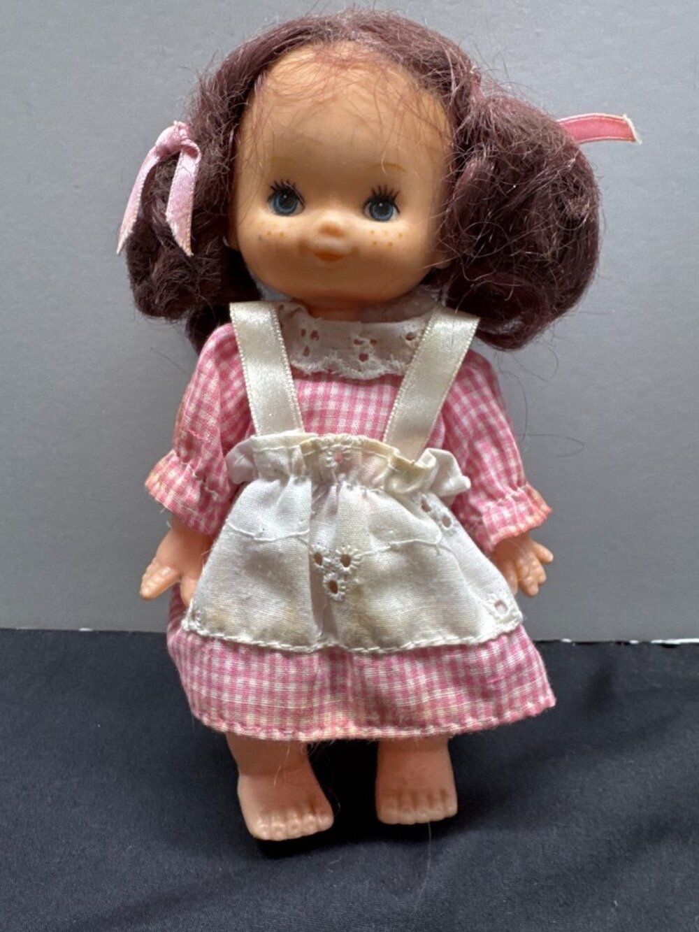 Vintage 7-Inch Doll With Pink Gingham Dress & White Apron Freckles And Brown Hai